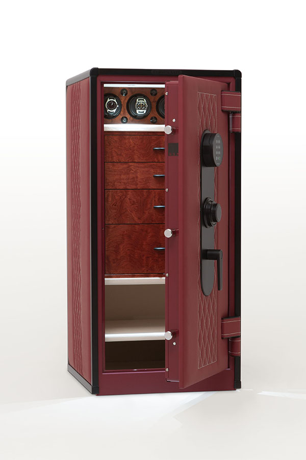 bespoke red leather safe with black stainless accents and wood jewelry chest